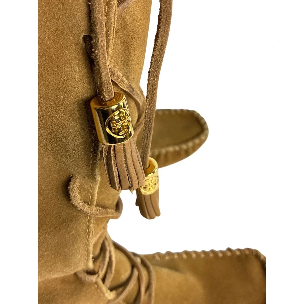 Tory Burch Tan Suede Fringe Moccasin Lace Up‎ Tall Boots Gold Logo Tassels 7M